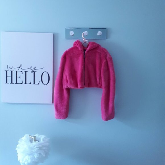 *SOLD* NWOT Bershka fuchsia pink faux fur hooded cropped teddy jacket, S - Picture 10 of 13